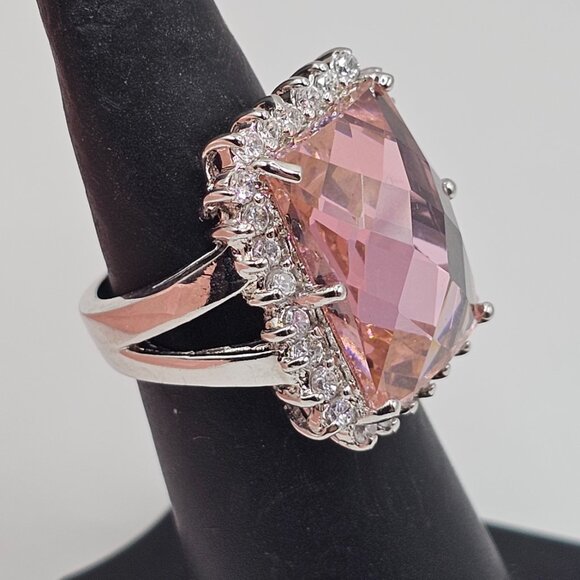 Sterling Silver 925 Rhodium Plated Large Pink CZ Cocktail Ring - Picture 3 of 12